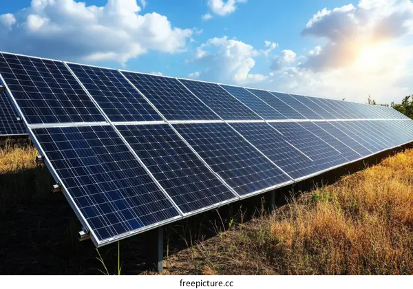 Solar Panels Array under Cloudy Blue Sky