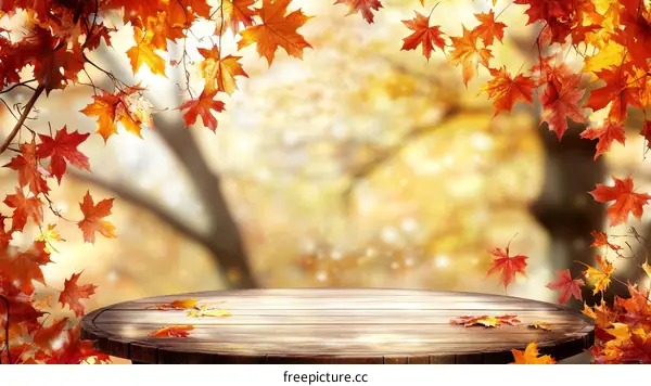 Autumn Leaves on Wooden Tabletop Background