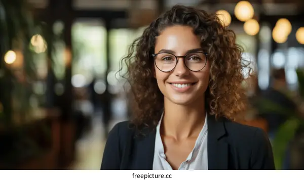 Portrait of a young woman wearing glasses and a suit