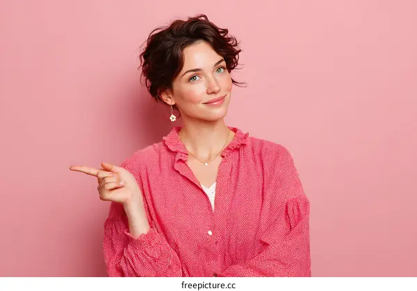 Smiling Woman in Pink Blouse Pointing