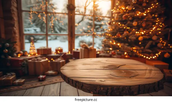 Rustic Christmas background with a wooden table and a decorated Christmas tree in the background