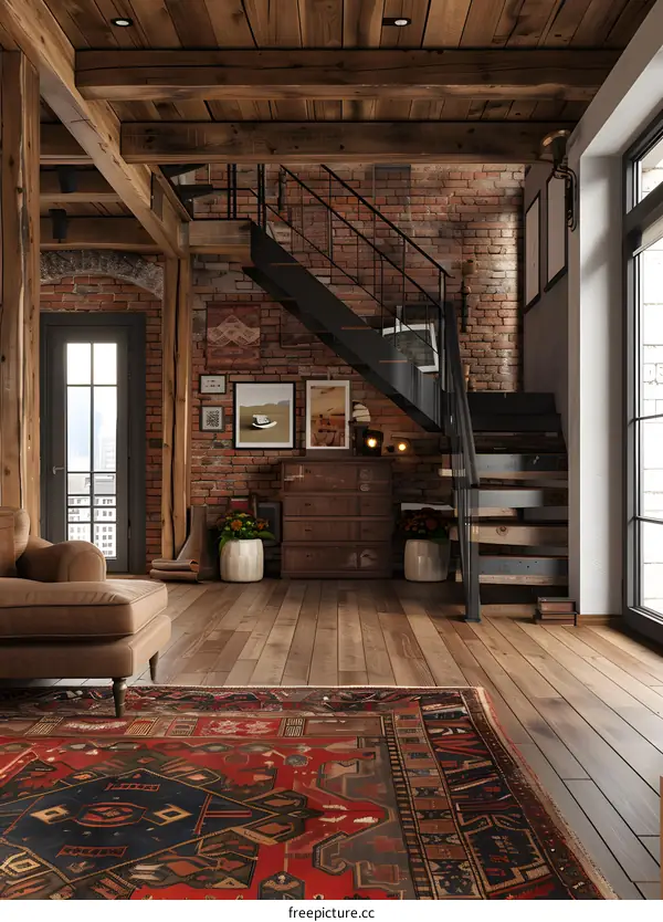 Modern Loft Living Room Design With Red Rug and Brick Wall