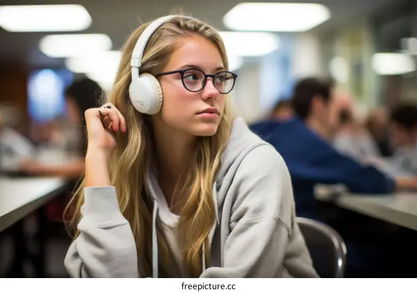 A blonde teenage girl wearing glasses and headphones sits in a classroom