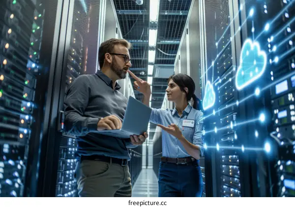Two IT engineers discussing cloud computing in a server room