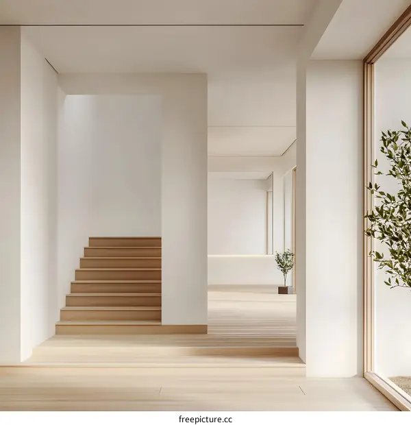 Minimalist Interior Design with Wooden Stairs and Large Windows