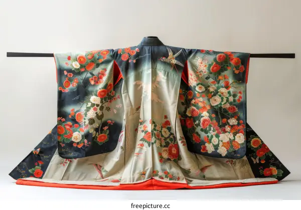 A kimono with a pattern of flowers and birds