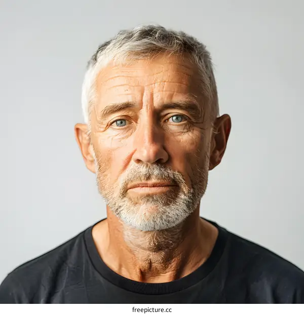 Portrait of a man with grey hair and blue eyes