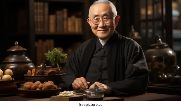 A venerable old Chinese man is making tea