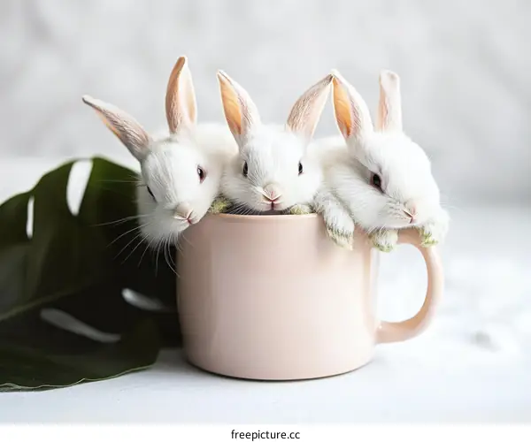 Three Adorable Baby Rabbits in a Cup