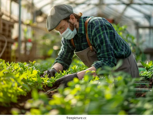 Male greenhouse worker wearing a mask and gloves tending to young plants