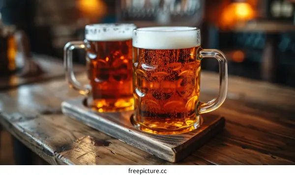 Two Full Beer Mugs on a Wooden Table in a Pub