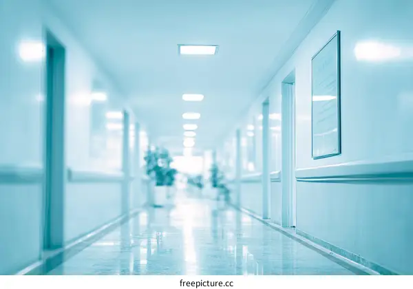 Empty Hospital Corridor in Pastel Blue Tone