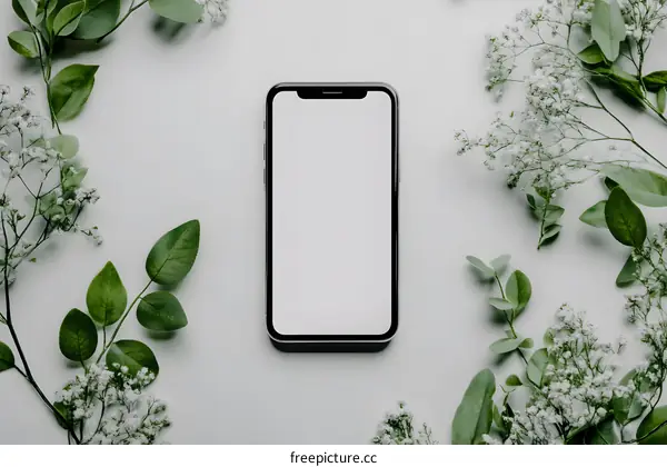 White Flowers and Green Leaves Around Smartphone with Blank Screen