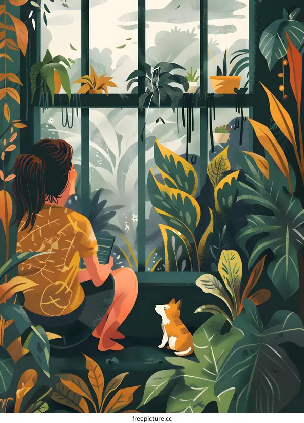 Woman Sitting by the Window with a Cat and Plants