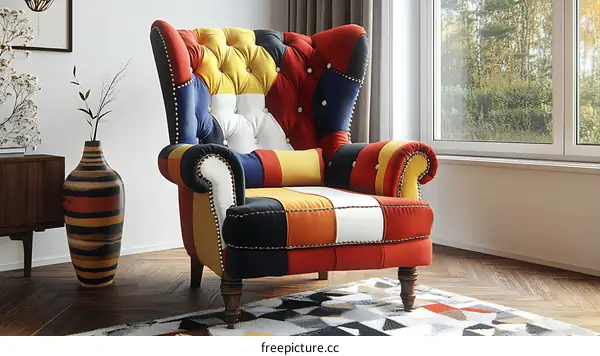 Colorful Patchwork Wingback Chair in Modern Living Room