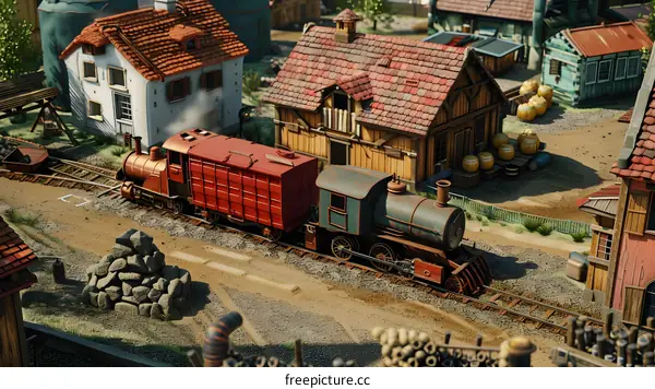 Vintage Train Model with Wooden Houses in a Miniature Village