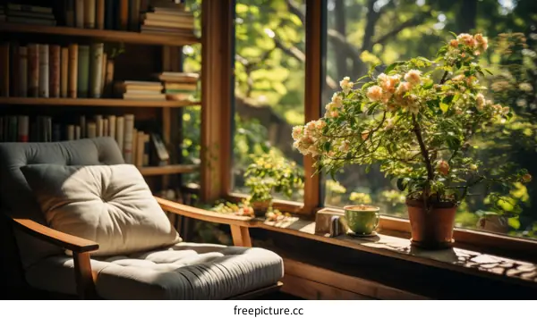 Comfortable Armchair in a Bright Room with a View of Lush Greenery