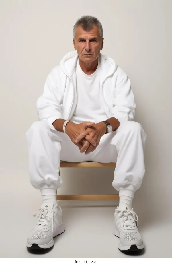 A man in a white tracksuit is sitting on a chair