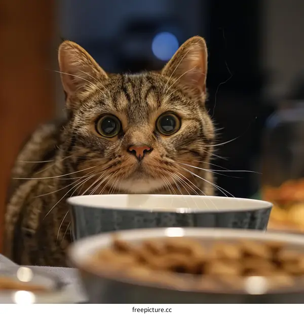 Cat looking at food bowl with wide eyes