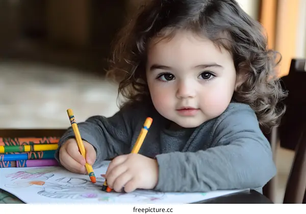 Cute Little Girl Drawing with Colored Pencils