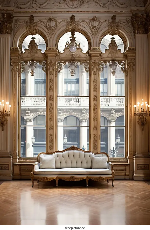 ornate room with white couch and large windows
