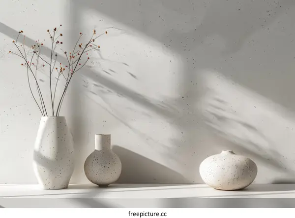 Three Ceramic Vases on a Shelf Against a White Background