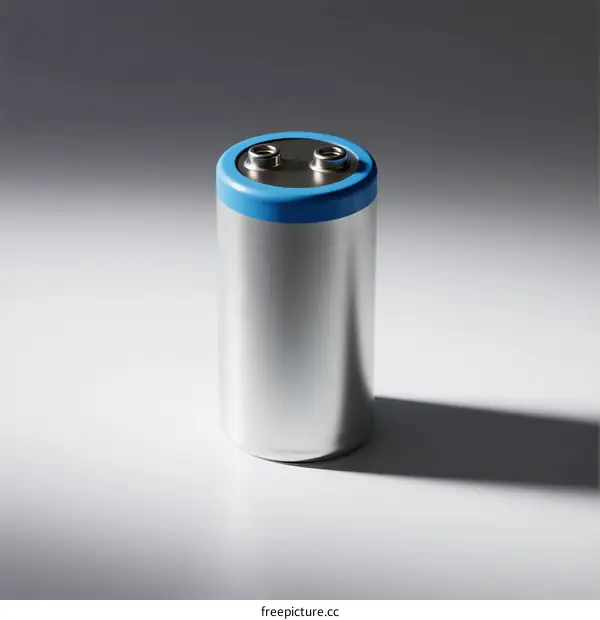 Silver Cylinder Battery with Blue Top for Energy Storage
