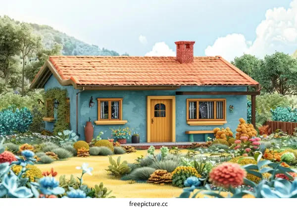 Small blue house in a lush green field