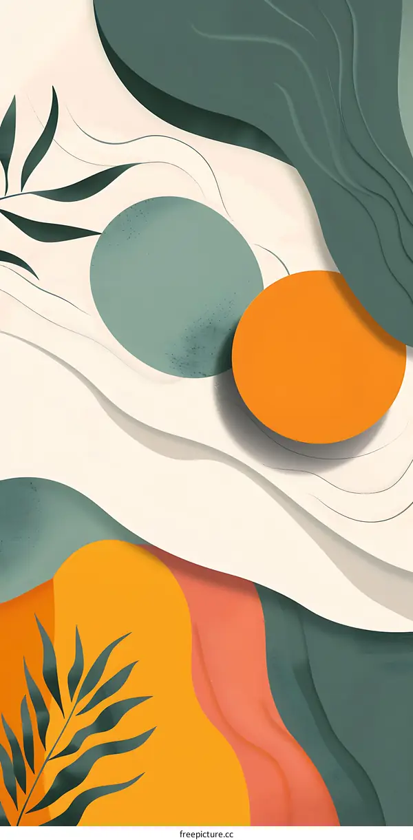 Abstract Green and Orange Background with Leaves