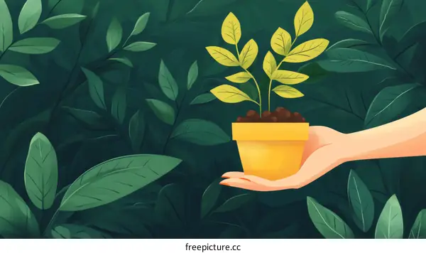 Hand Holding a Potted Plant in Lush Greenery Illustration