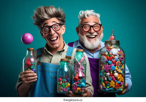 Two old men with jars of toys