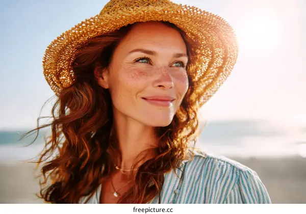 Smiling Woman in Straw Hat on Beach