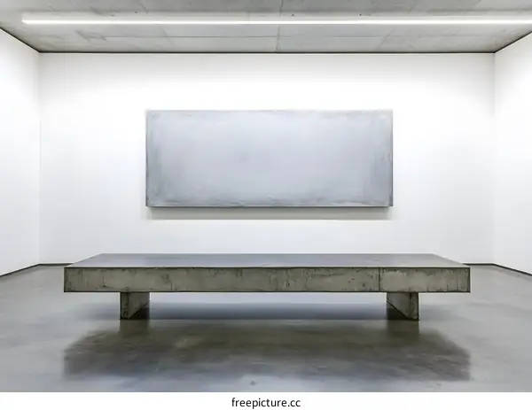 Modern Art Gallery Interior with Concrete Bench and Large Abstract Painting