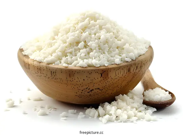 A wooden bowl filled with desiccated coconut.