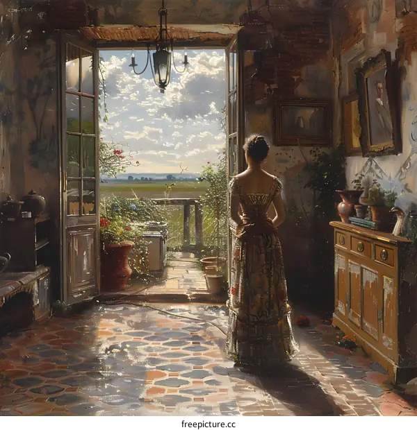 elegant woman standing in the sunlit room