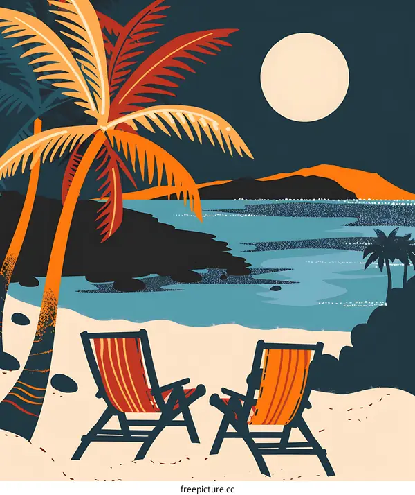 Tropical Night Beach Scene with Palm Trees and Moon