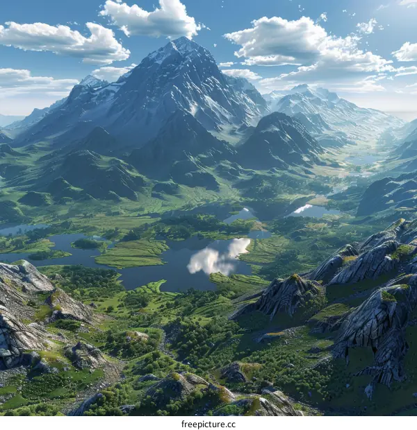 Fantasy landscape with mountains, lakes and green fields