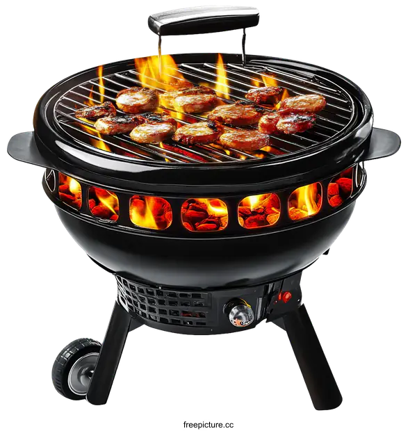 [Transparent Background PNG]Portable Round Black Outdoor Grill with Food