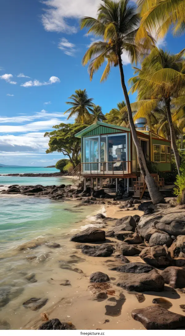 Beachfront house with palm trees
