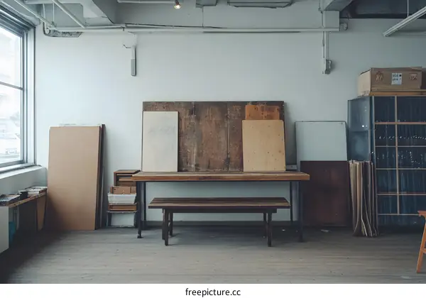 Wooden Table and Bench in Empty Room with Large Windows