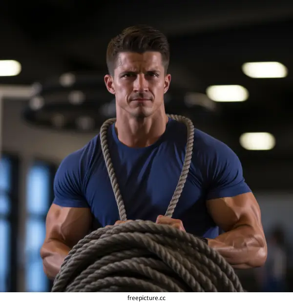 muscular man holding rope in gym