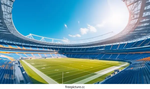American football stadium with green field and blue sky