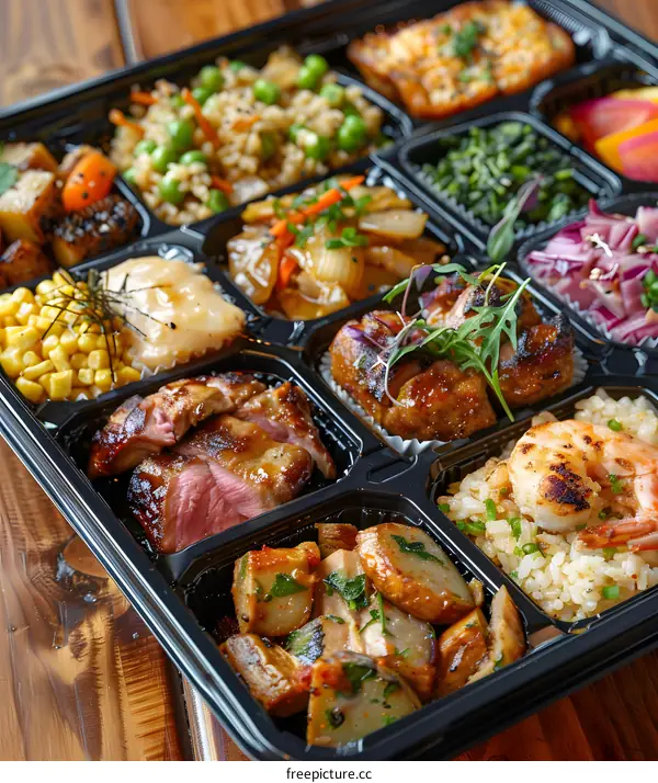 Delicious Japanese Bento Box with Grilled Meat, Vegetables and Rice