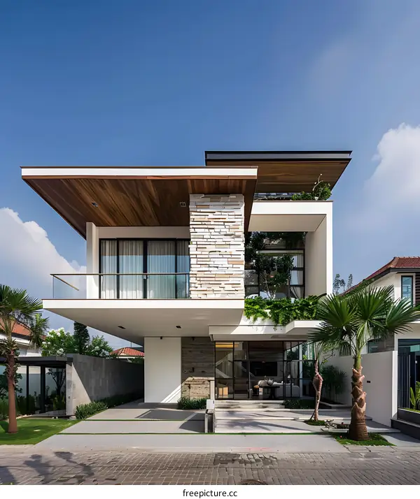 Modern White House with Wooden Roof and Stone Wall