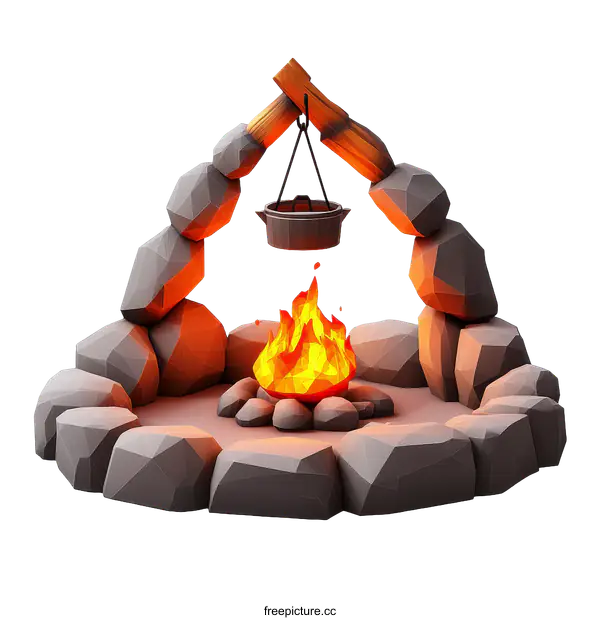 [Transparent Background PNG]Low Poly Campfire with Pot Illustration