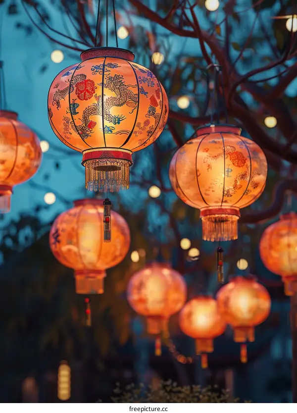 Red Chinese Lanterns Adorning a Tree