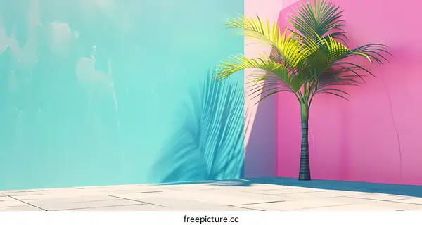 Minimalist Palm Tree in a Blue and Pink Room