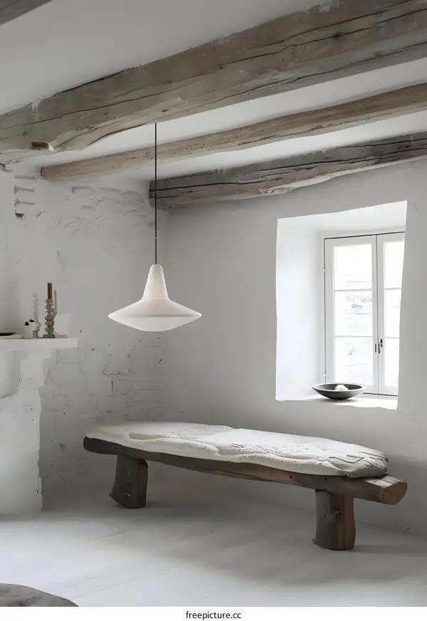 White Interior Design with Wooden Beam Ceiling and White Bench