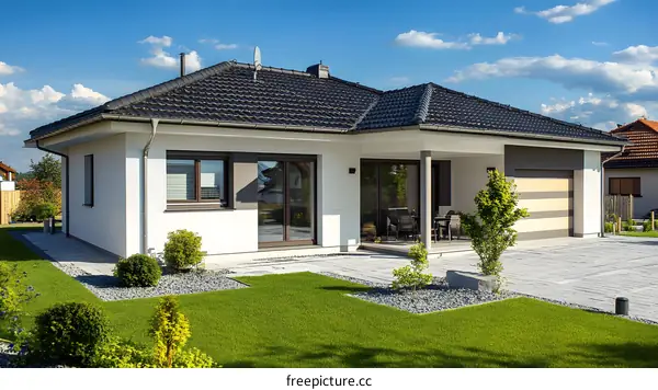 Modern White House with Black Roof and Green Grass Lawn