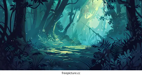 Green Forest Illustration with Sunlight Through the Trees